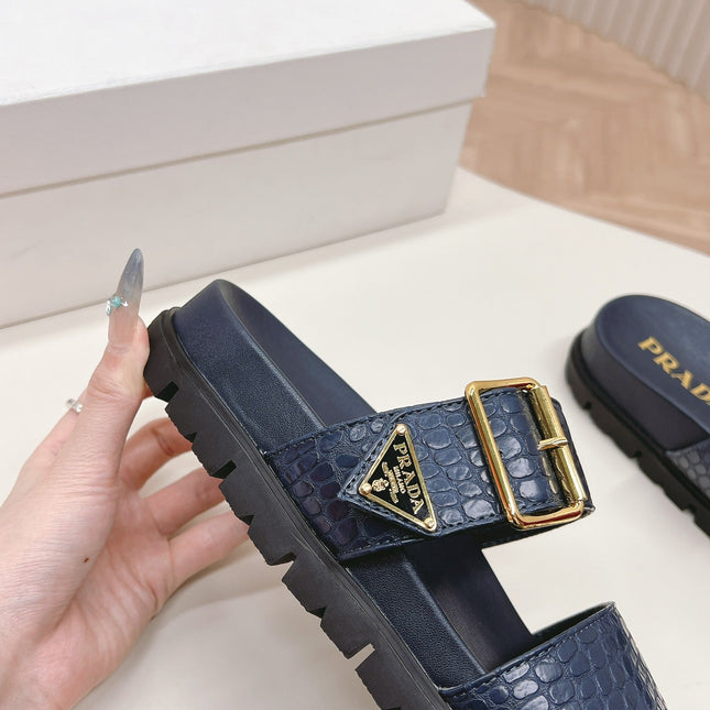 PRA CROCODILE MOTIF SLIDES SANDALS NAVY CALFSKIN