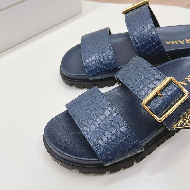 PRA CROCODILE MOTIF SLIDES SANDALS NAVY CALFSKIN