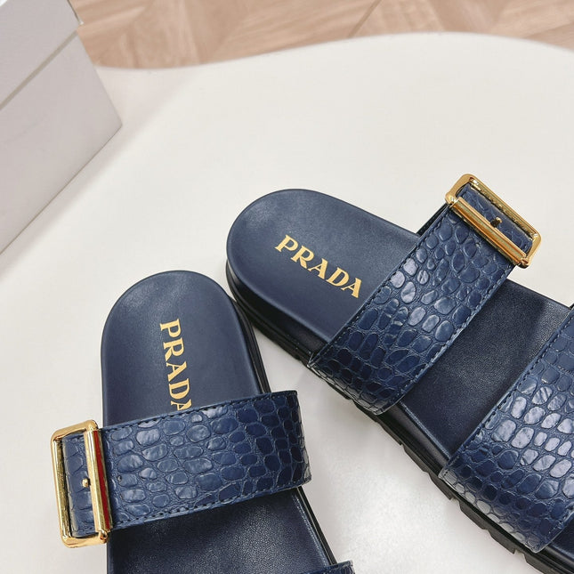 PRA CROCODILE MOTIF SLIDES SANDALS NAVY CALFSKIN
