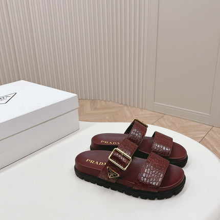 PRA CROCODILE MOTIF SLIDES SANDALS WINE CALFSKIN
