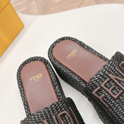 FENDI SIGNATURE WEDGE PLATFORM 6 CM IN BLACK FIBRE WITH BROWN EMBROIDERED LOGO