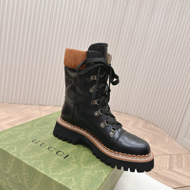 MARTIN LACE-UP ANKLE BOOTS IN BLACK EMBOSSED CALFSKIN MIX BROWN SUEDE