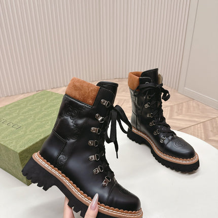 MARTIN LACE-UP ANKLE BOOTS IN BLACK EMBOSSED CALFSKIN MIX BROWN SUEDE