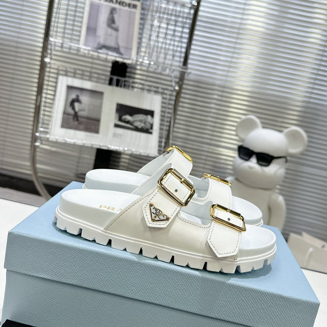 PRADA 25S STRAP SLIDES 30MM IN WHITE CALFSKIN GOLD HARDWARE