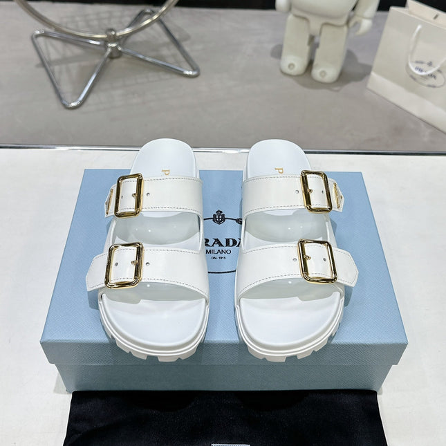PRADA 25S STRAP SLIDES 30MM IN WHITE CALFSKIN GOLD HARDWARE