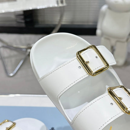 PRADA 25S STRAP SLIDES 30MM IN WHITE CALFSKIN GOLD HARDWARE