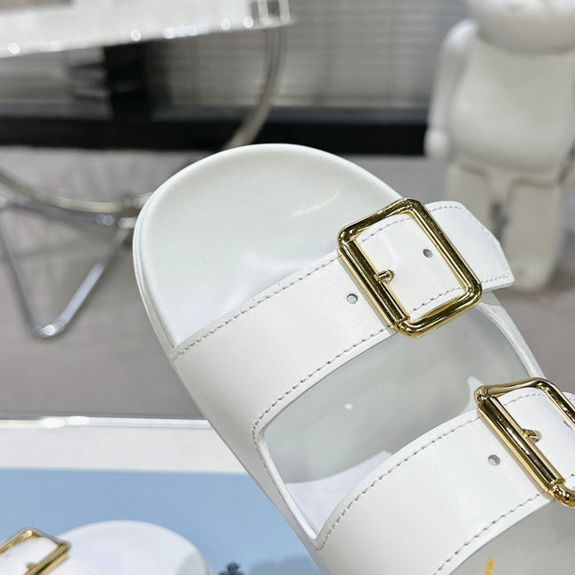 PRADA 25S STRAP SLIDES 30MM IN WHITE CALFSKIN GOLD HARDWARE