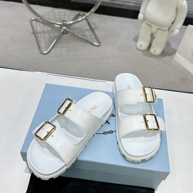 PRADA 25S STRAP SLIDES 30MM IN WHITE CALFSKIN GOLD HARDWARE