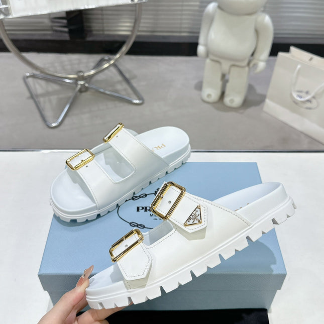 PRADA 25S STRAP SLIDES 30MM IN WHITE CALFSKIN GOLD HARDWARE