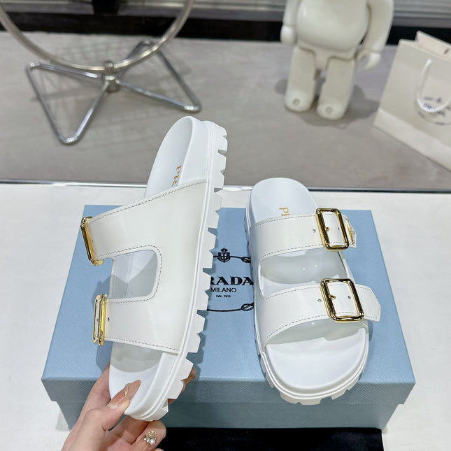 PRADA 25S STRAP SLIDES 30MM IN WHITE CALFSKIN GOLD HARDWARE