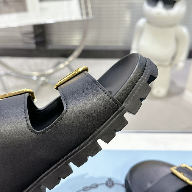 PRADA 25S STRAP SLIDES 30MM IN BLACK CALFSKIN GOLD HARDWARE