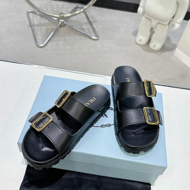 PRADA 25S STRAP SLIDES 30MM IN BLACK CALFSKIN GOLD HARDWARE