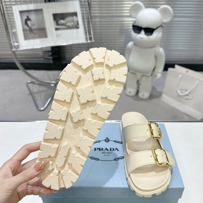PRADA 25S STRAP SLIDES 30MM IN CREAM CALFSKIN GOLD HARDWARE