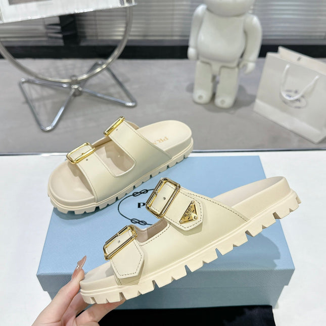 PRADA 25S STRAP SLIDES 30MM IN CREAM CALFSKIN GOLD HARDWARE