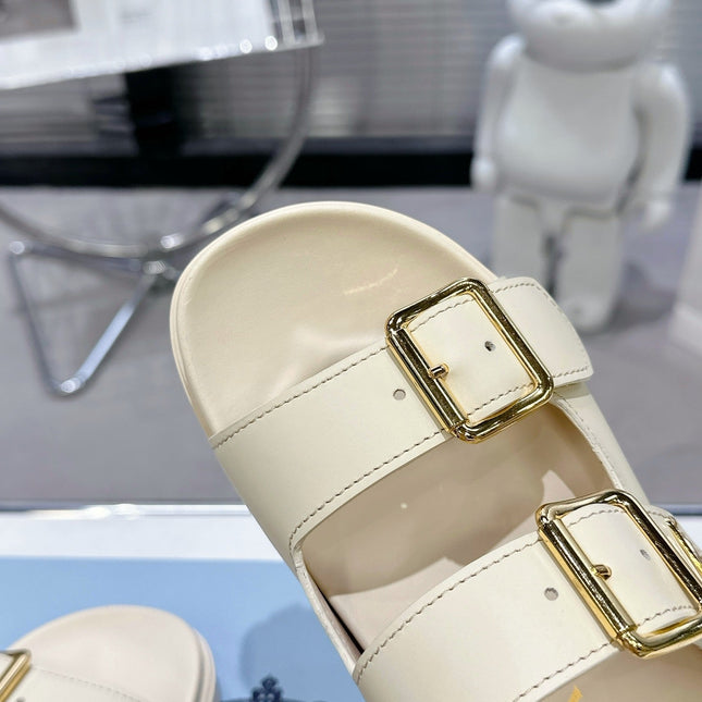 PRADA 25S STRAP SLIDES 30MM IN CREAM CALFSKIN GOLD HARDWARE