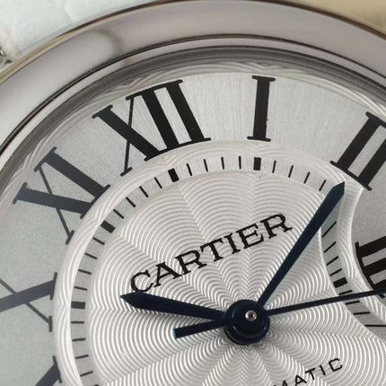 BALLON BLEU DE CARTIER 33 MM WATCH SILVER CASE WITH WHITE LEATHER STRAP