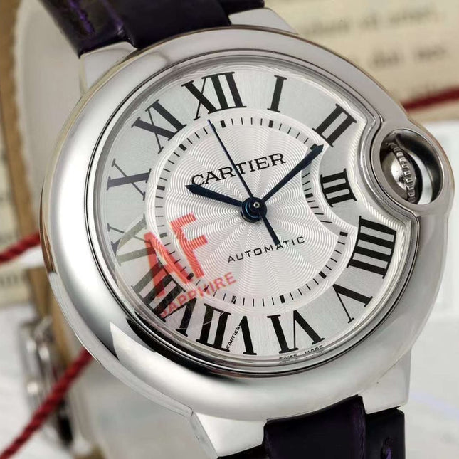 BALLON BLEU DE CARTIER 33 MM WATCH SILVER CASE WITH DEEP VIOLET LEATHER STRAP