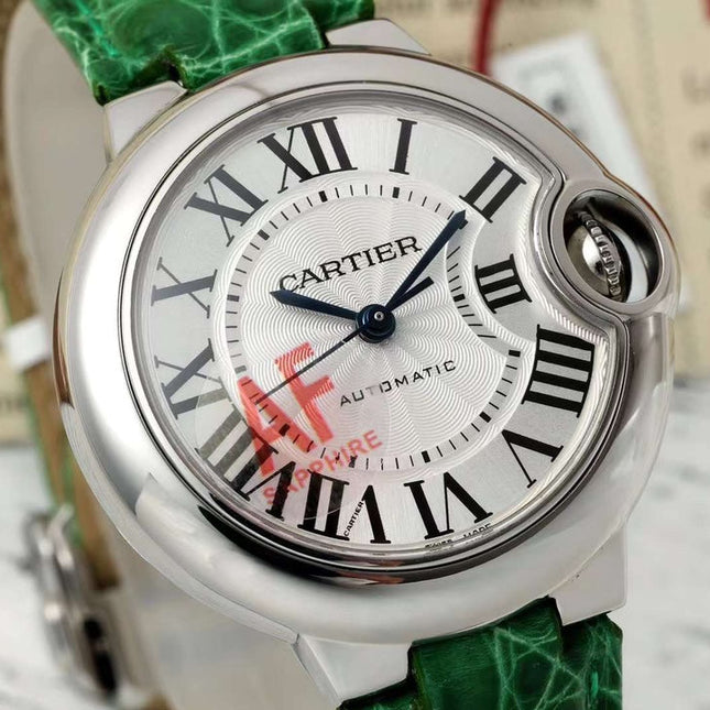 BALLON BLEU DE CARTIER 33 MM WATCH SILVER CASE WITH EMERALD GREEN LEATHER STRAP