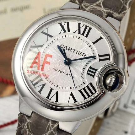 BALLON BLEU DE CARTIER 33 MM WATCH SILVER CASE WITH WENGE BROWN LEATHER STRAP
