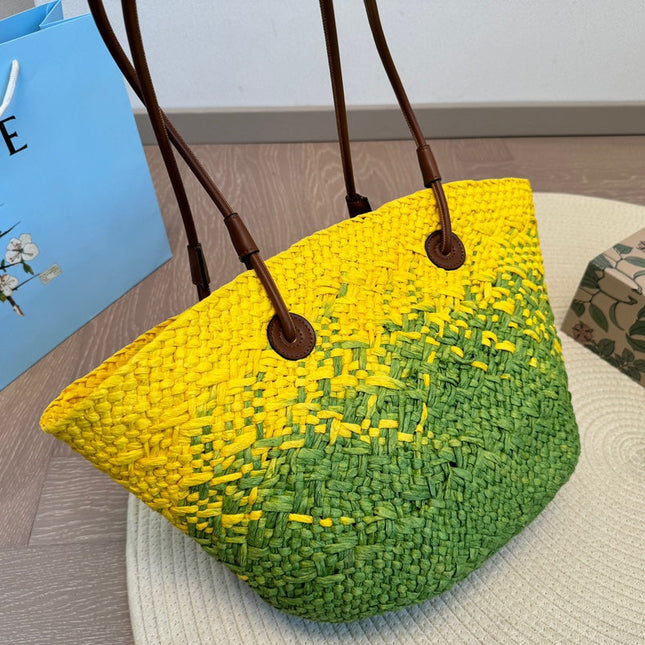 LOE SMALL ANAGRAM BASKET 28 BAG IN YELLOW MIX GREEN IRACA PALM AND CALFSKIN