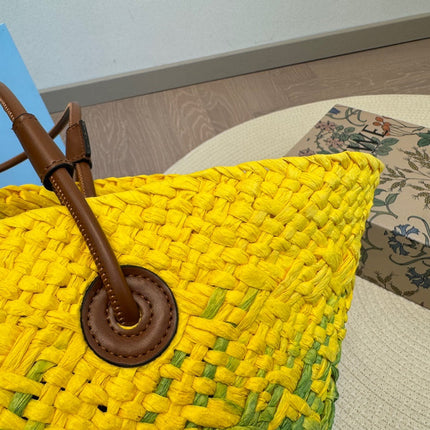 LOE SMALL ANAGRAM BASKET 28 BAG IN YELLOW MIX GREEN IRACA PALM AND CALFSKIN