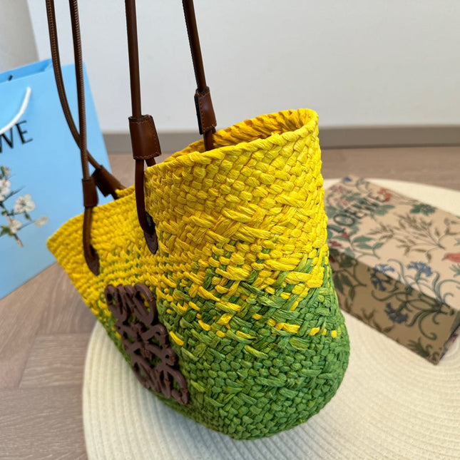 LOE SMALL ANAGRAM BASKET 28 BAG IN YELLOW MIX GREEN IRACA PALM AND CALFSKIN