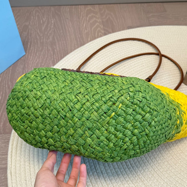 LOE SMALL ANAGRAM BASKET 28 BAG IN YELLOW MIX GREEN IRACA PALM AND CALFSKIN