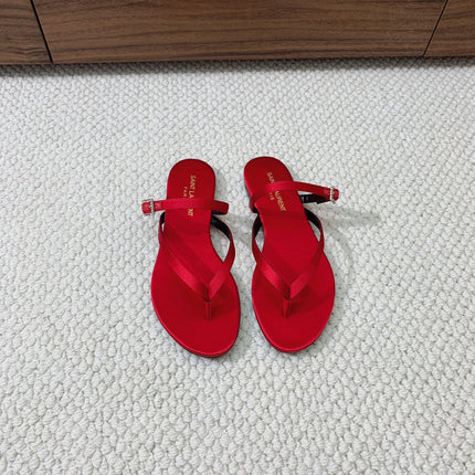 SL CRYSTAL BUCKLE THONG SANDAL RED SATIN