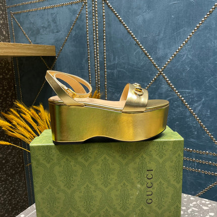 GG HORSEBIT PLATFORM SANDAL METALLIC GOLD CALFSKIN