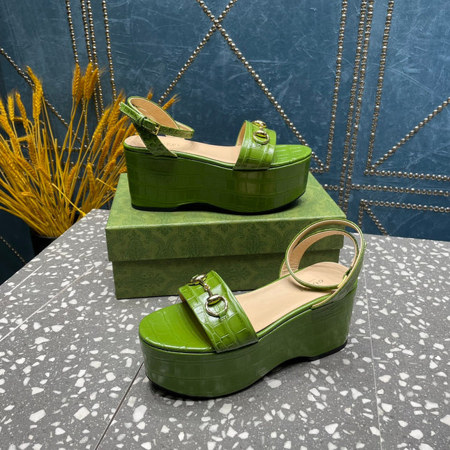 GG HORSEBIT PLATFORM SANDAL GREEN CALFSKIN