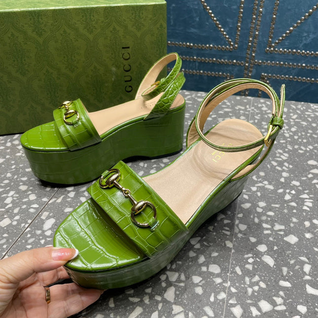 GG HORSEBIT PLATFORM SANDAL GREEN CALFSKIN