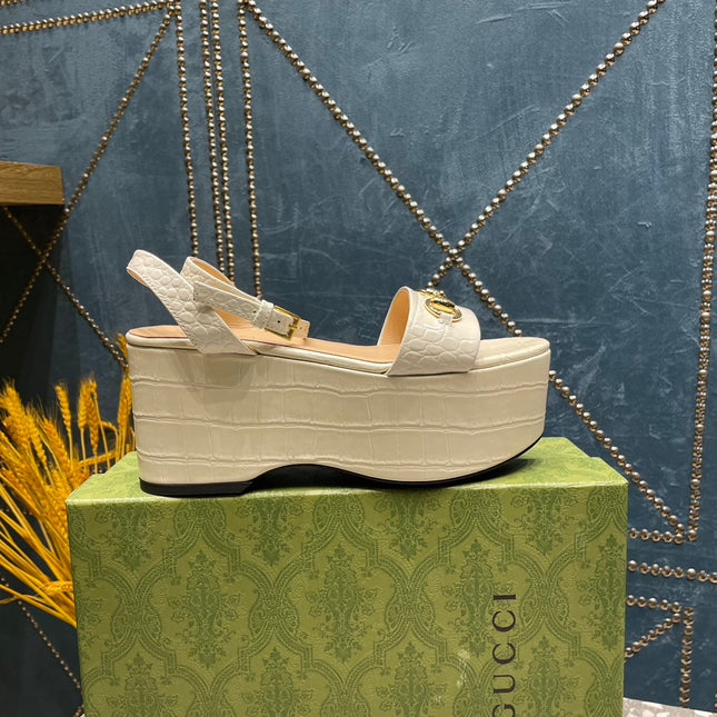 GG  HORSEBIT FLATFORM SANDAL GLOSSY WHITE CALFSKIN