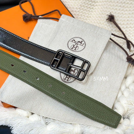 HM-CAPE COD 32MM REVERSIBLE BELT OLIVE GREEN AND BLACK LEATHER BLACK HARDWARE