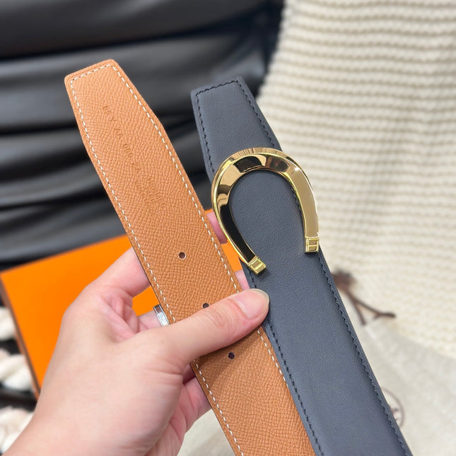 HM LUCK BELT GOLD BUCKLE & REVERSIBLE DARK ORANGE LEATHER STRAP 38MM