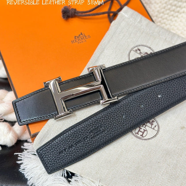 HM 5382 BELT SILVER BUCKLE & REVERSIBLE BLACK LEATHER STRAP 38MM