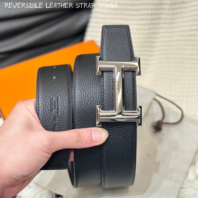 HM 5382 BELT SILVER BUCKLE & REVERSIBLE BLACK LEATHER STRAP 38MM