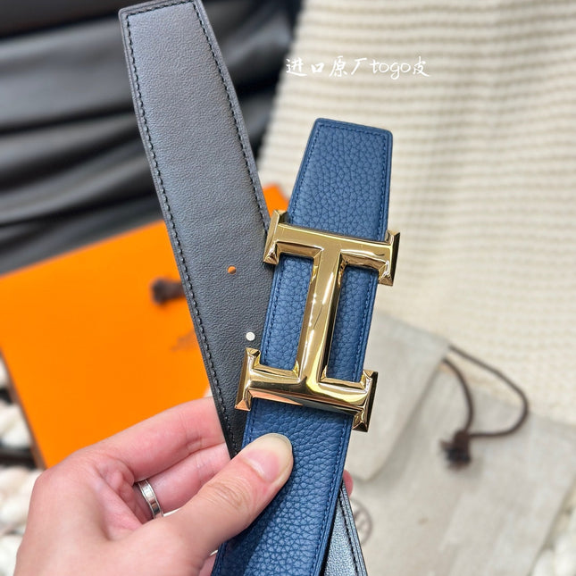 HM 5382 BELT GOLD BUCKLE & REVERSIBLE NAVY BLUE LEATHER STRAP 38MM