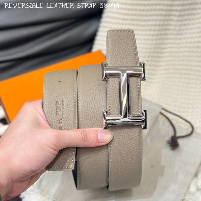 HM 5382 BELT SILVER BUCKLE & REVERSIBLE CAMEL BROWN LEATHER STRAP 38MM