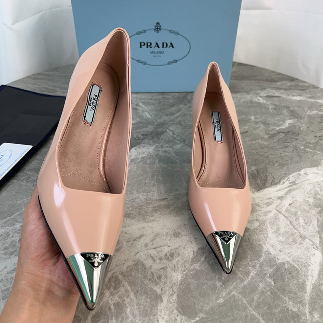 PRADA 25S METAL-CAPPED POINTED-TOE HIGH HEELS IN WARM BEIGE CALFSKIN