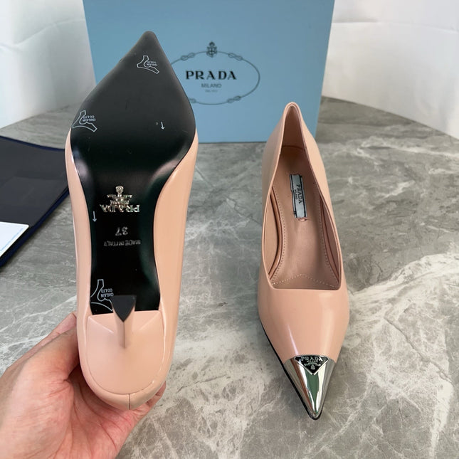 PRADA 25S METAL-CAPPED POINTED-TOE HIGH HEELS IN WARM BEIGE CALFSKIN