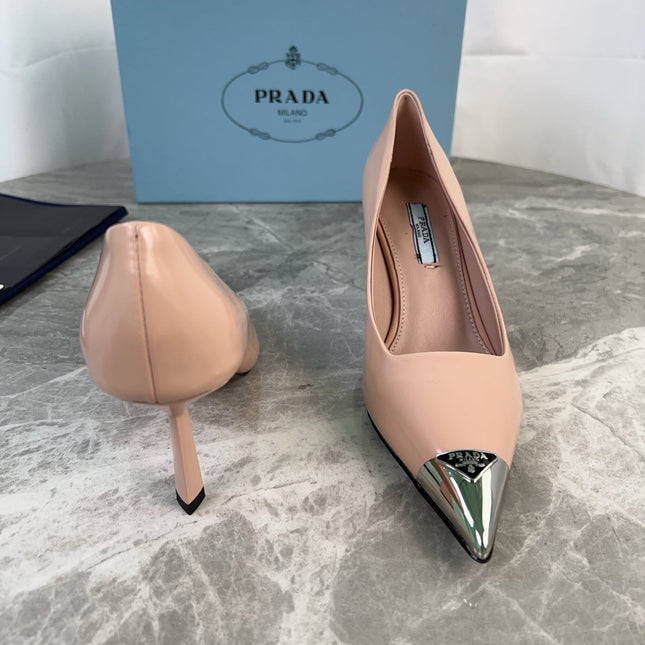 PRADA 25S METAL-CAPPED POINTED-TOE HIGH HEELS IN WARM BEIGE CALFSKIN