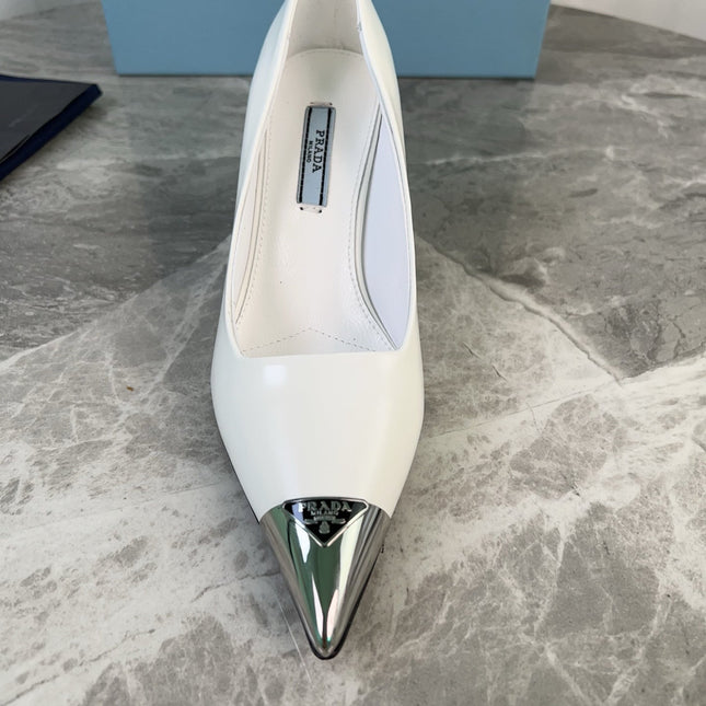 PRADA 25S METAL-CAPPED POINTED-TOE HIGH HEELS IN WHITE CALFSKIN