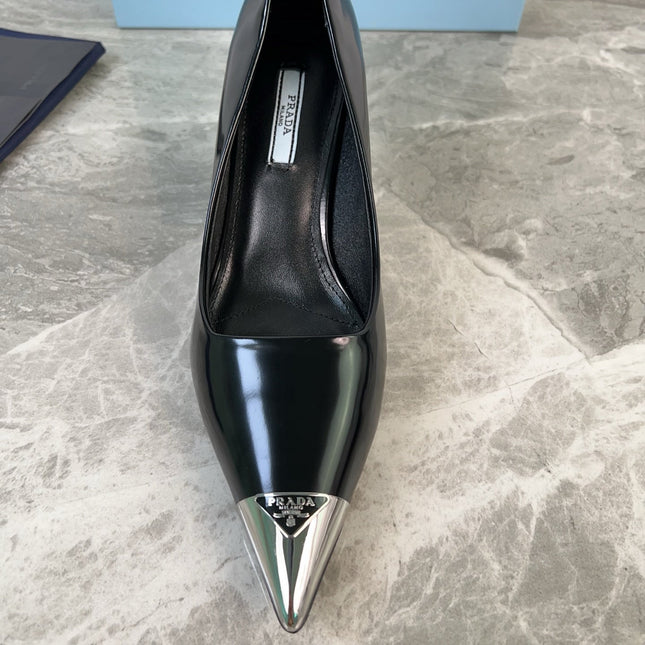 PRADA 25S METAL-CAPPED POINTED-TOE HIGH HEELS IN BLACK CALFSKIN
