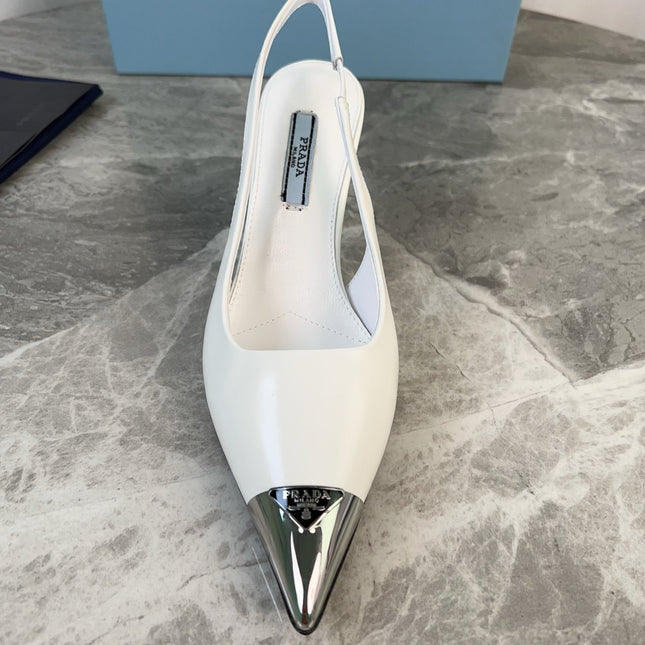 PRADA 25S METAL-TOE SLINGBACK PUMPS IN WHITE CALFSKIN