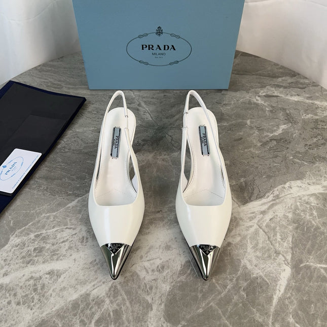 PRADA 25S METAL-TOE SLINGBACK PUMPS IN WHITE CALFSKIN