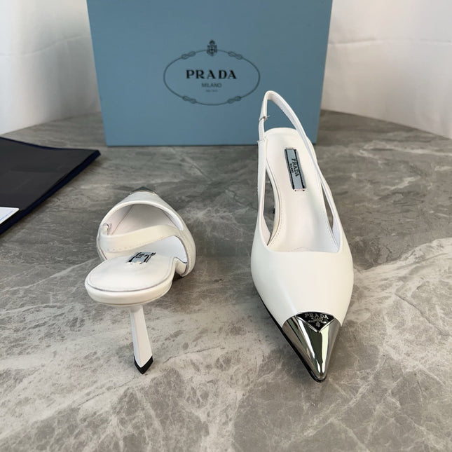 PRADA 25S METAL-TOE SLINGBACK PUMPS IN WHITE CALFSKIN