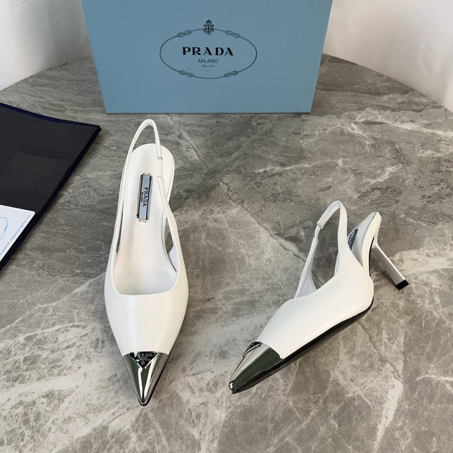 PRADA 25S METAL-TOE SLINGBACK PUMPS IN WHITE CALFSKIN