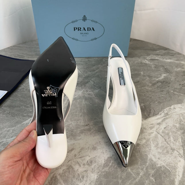 PRADA 25S METAL-TOE SLINGBACK PUMPS IN WHITE CALFSKIN