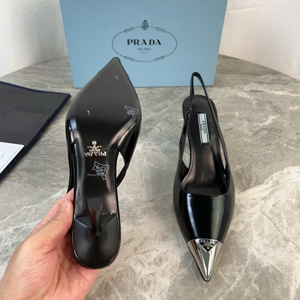 PRADA 25S METAL-TOE SLINGBACK PUMPS IN BLACK CALFSKIN