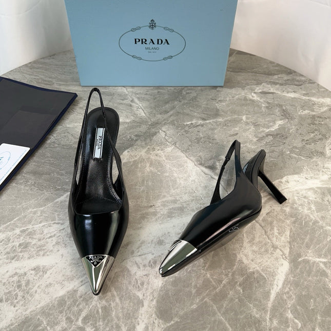 PRADA 25S METAL-TOE SLINGBACK PUMPS IN BLACK CALFSKIN